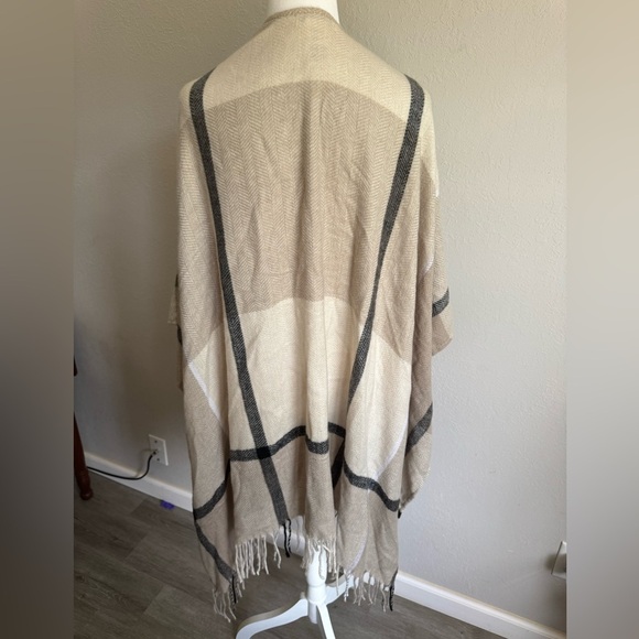 Three Dots Tan Black Checkered Cashmere Wool Blend Shawl Cardigan Womens OS - Picture 5 of 6